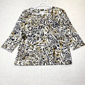 Alfred Dunner Printed Top Women's L Sequined Round Neck 3/4 Sleeve Dressy Casual